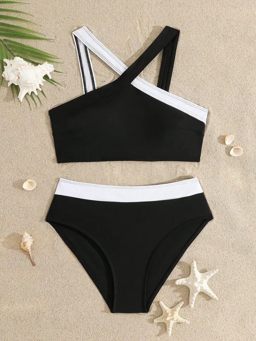 

Black And White Contrast Two-Piece Bikini With Asymmetrical Cross-Back Straps, Quick-Dry Swimwear For Teen Girls Beach Pool