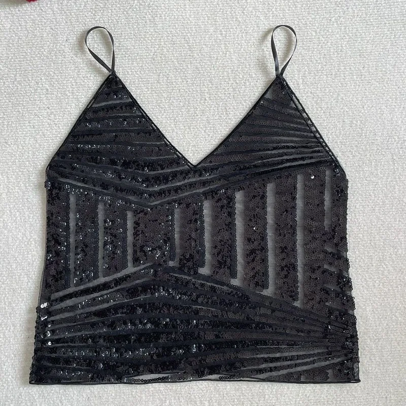 Solid Color Sequined Sexy Sling Vest Suspender V-neck Perspective Sleeveless Stacking 2025 New Summer Chic Camis Top