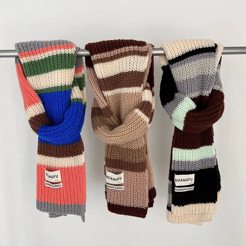 

Полосатый шарф женский, осень и зима2025Корейский стиль Новый утолщенный вязаный шерстяной студенческий модный универсальный шарф