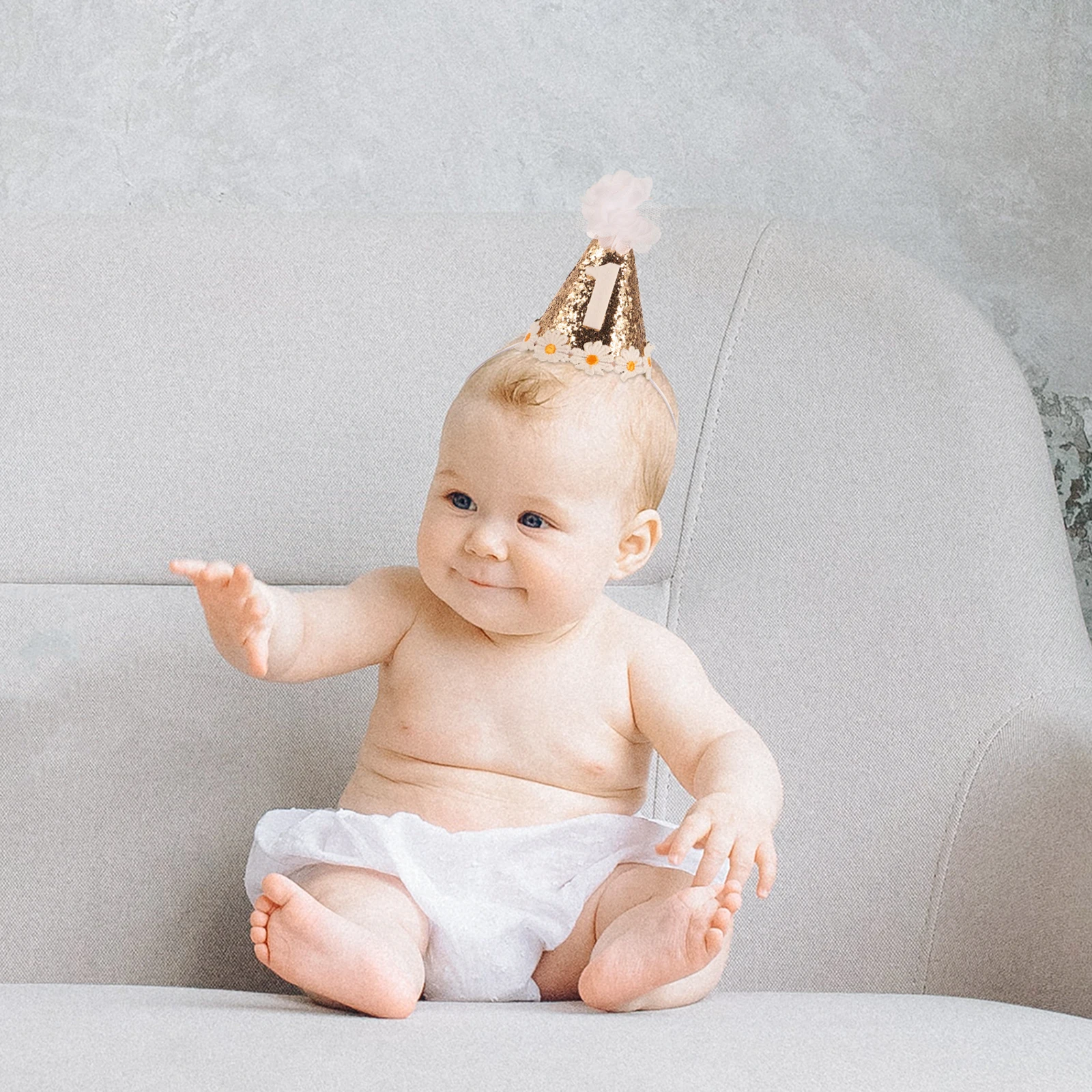 

Glitter Decorative Birthday Hat for Kids Girls 1st Hats Cone Style Cloth Material Children Photo Prop