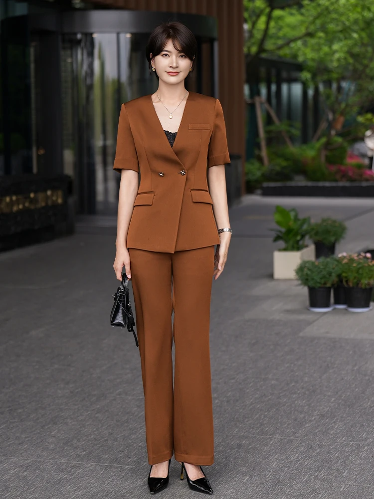 Schickes Kurzarm-Anzug-Set für Damen, professionelles Interview-Outfit, Frühling/Sommer, formelle Arbeitskleidung, Jacke und Hose im Ensemble.