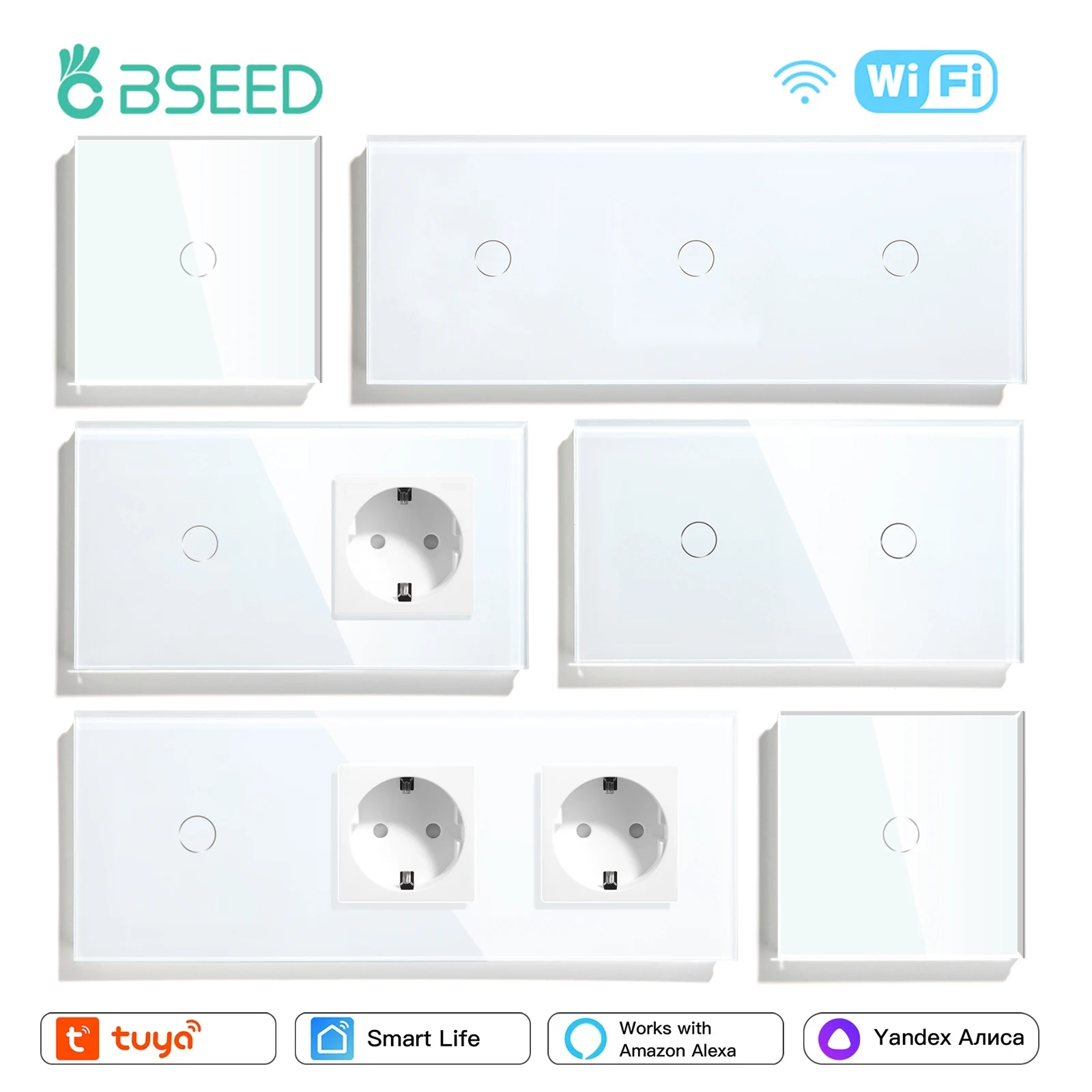 BSEED Wifi 1/2/3Gang inteligentne przełączniki dotykowe 1/2/3Way włączniki światła naściennego Tuya Smart Life kontrola aplikacji Plus gniazdka standard UE