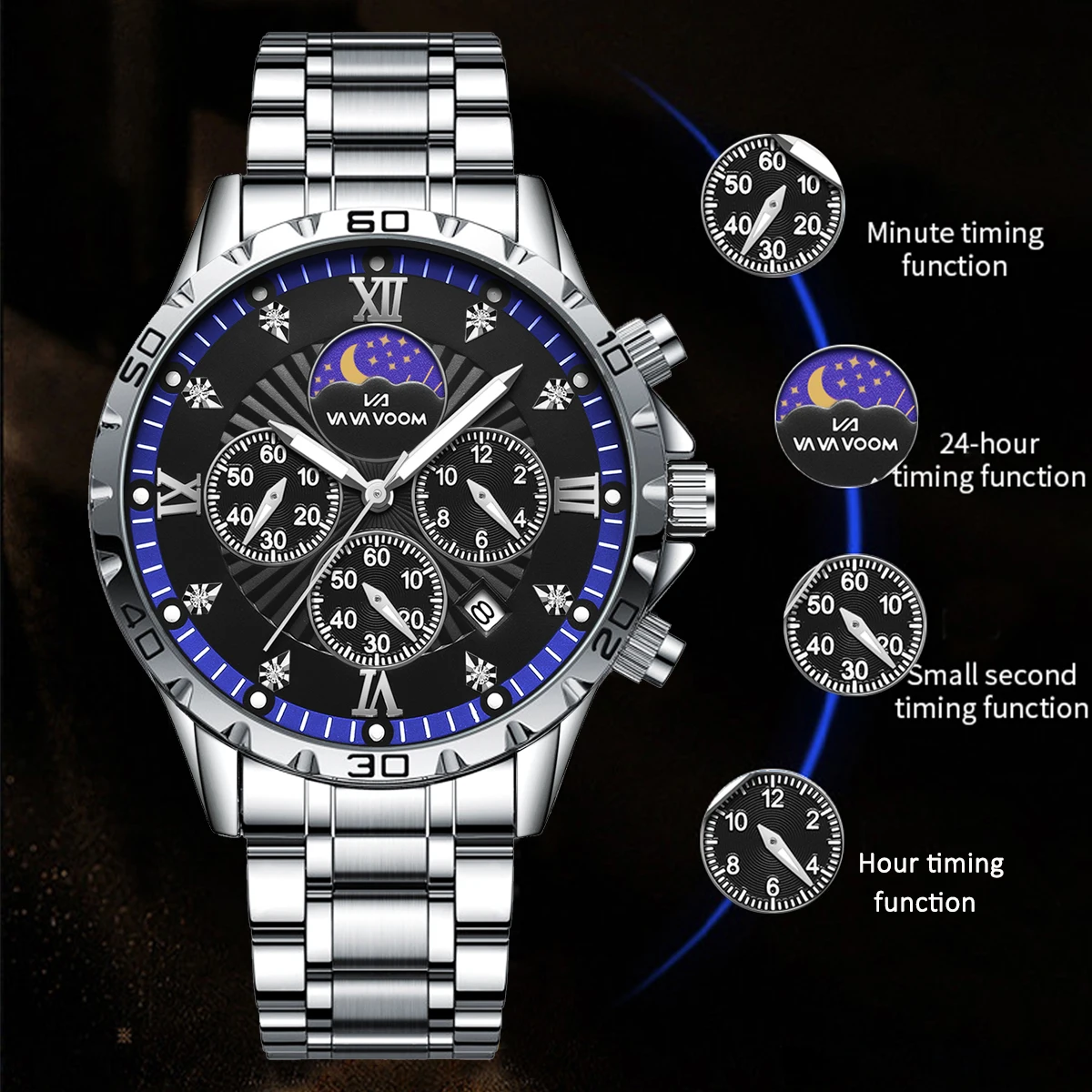 Stainless Steel Men Quartz Watch 43mm Leisure Business Feng Shui Diamond Night Glow Gold Black Sports Quartz Watch Free Shipping