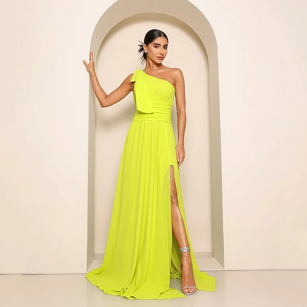 

Modern Evening Dress One Shoulder Sleeveless A-Line Prom Dress Sexy Chiffon Side Split Empire فساتين للحفلات الراقصة