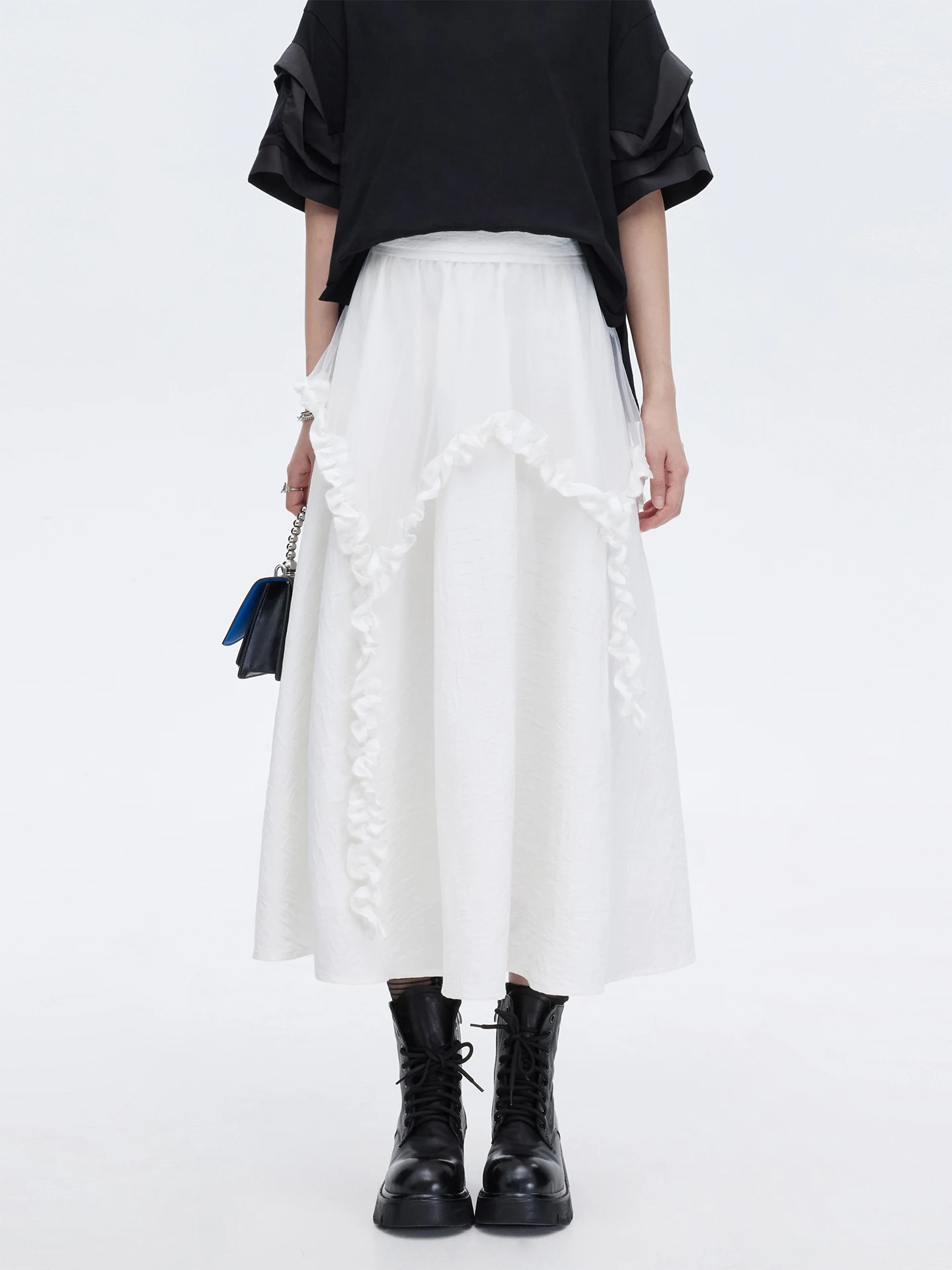 

Съемная белая юбка А-силуэта с деревянными кружевными вставками, с высокой талией на резинке, миди-юбка-солнце для молодых женщин