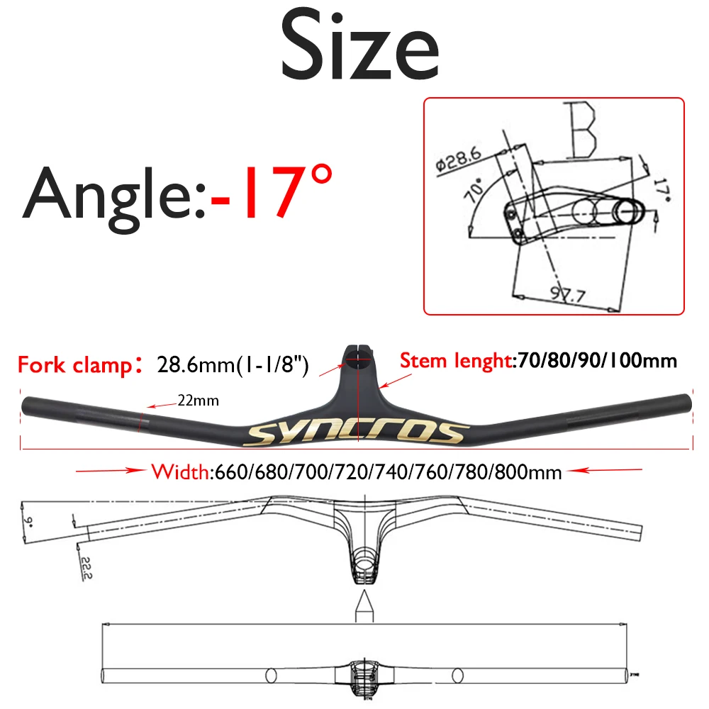 SYNCROS-Integrated Cockpit Handlebar for Mountain Bike, MTB Handlebars, Bicycle Parts, 28.6mm -17 Degree Carbon, 660 ~ 800mm