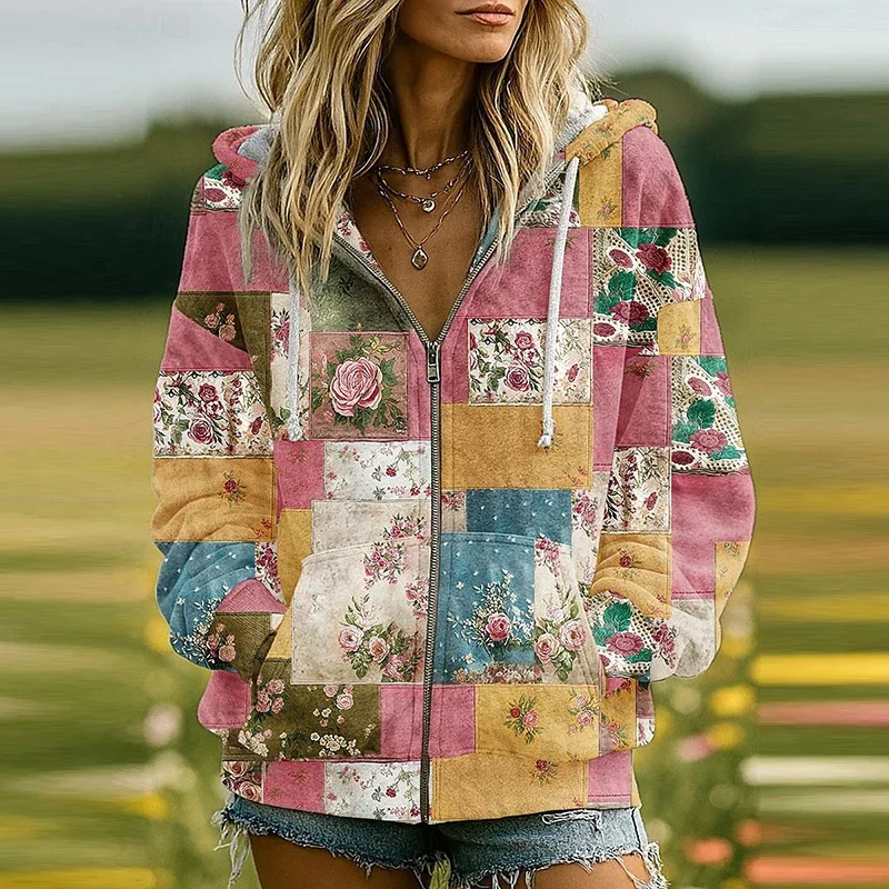 Vintage Flora Print Hooded Sweatshirt Women Casual Loose Drawstring Tops Pullover Autumn Winter Long Sleeve Blouses