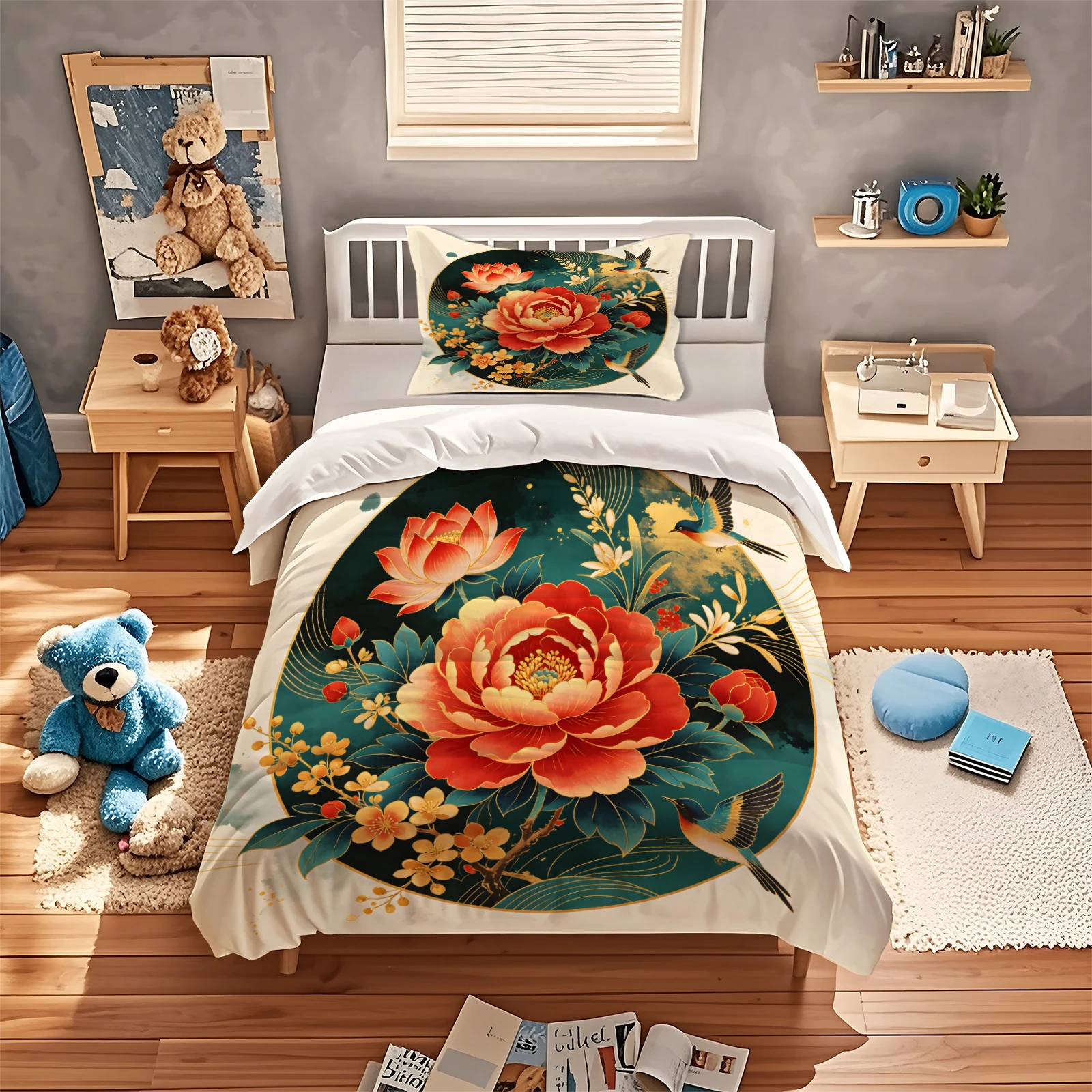 Peony Lotus Bird Duvet Cover Set Chinese Traditional Floral Bedding Set Breathable Oriental Vintage Flower Print Comforter Cover