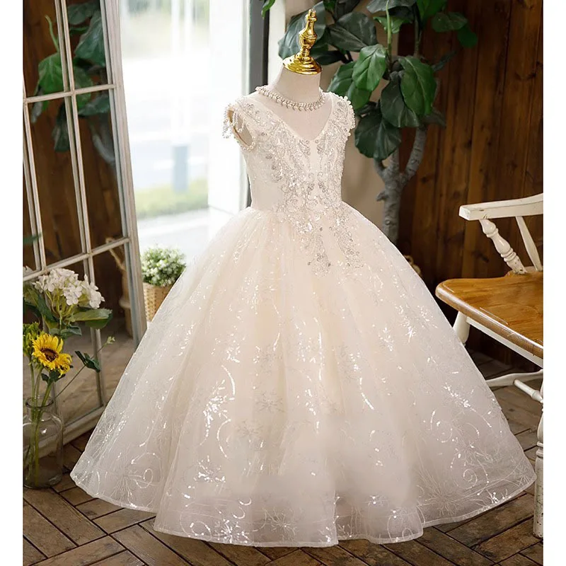 Luxurious Children's Dresse Champagne pearl sequins Beading flower kids Sleeveless Long wedding Ball Birthday party Girl Dress