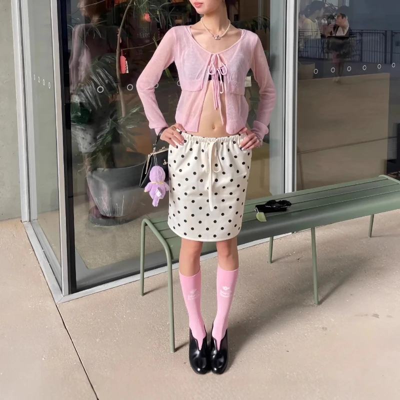 2026 Spring New Women's Retro Polka Dot Drawstring Satin Playful and Cute Short Skirt