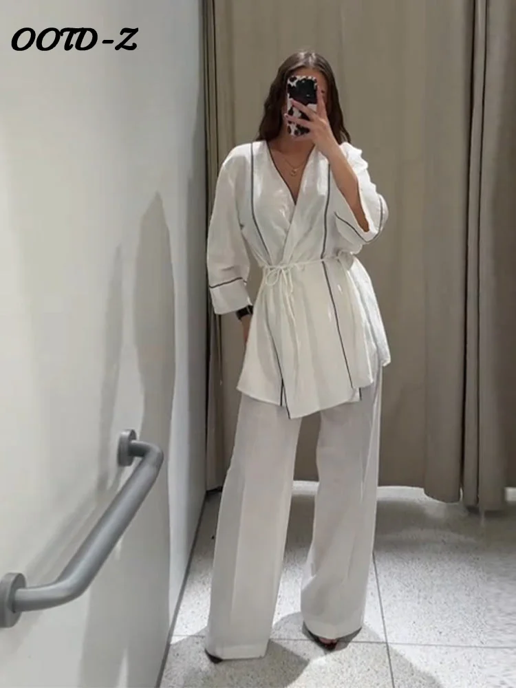 

Повседневная лоскутная рубашка, брюки, женский комплект, топ на шнуровке с v-образным вырезом и длинными рукавами, широкие брюки с эластичной резинкой на талии, 2024, летний женский костюм