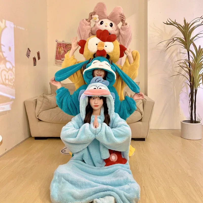 Women Robes Kawaii Coral Velvet Nightgown Cute Cartoon Pajamas with Hats Funny Anime Sleepwear Girlfriends Homewear