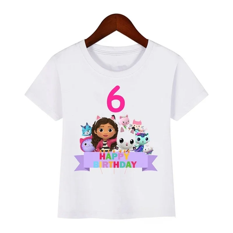 Kawaii Girls T-shirt Gabby Doll House Cartoon Print Summer Pure Cotton T-shirt Children\'s Birthday Clothing 2-14 Year Old Girl