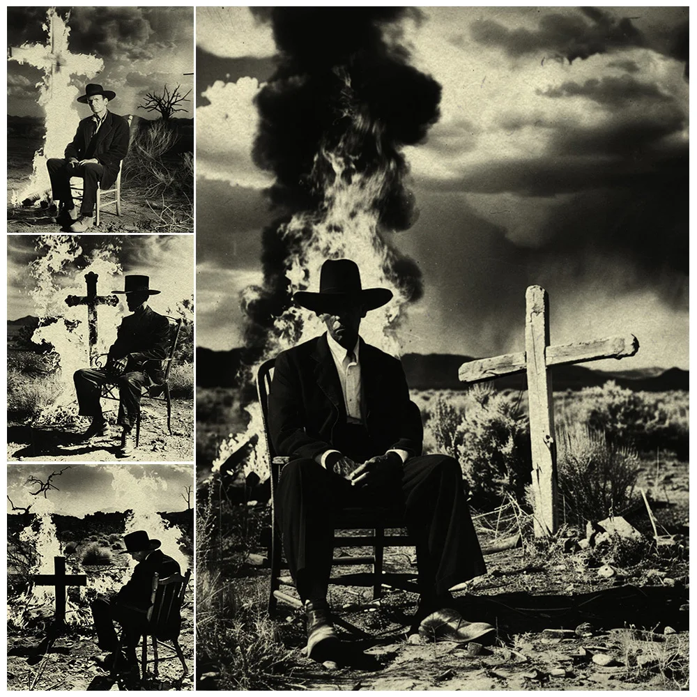 

Cremation In The Wilderness,Vintage Photo Wall Art,Canvas Painting,Burning Cross With Sad Man,Gothic Art Poster Print,Home Decor