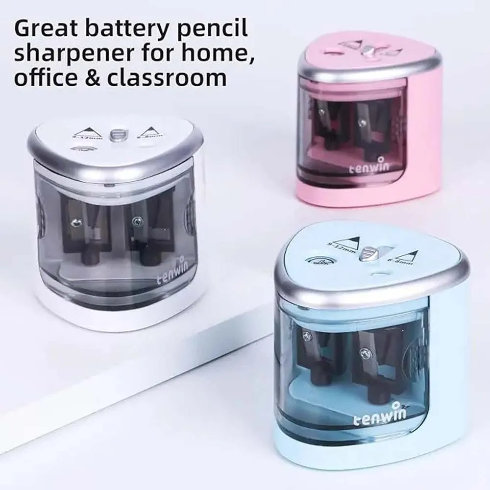 TENWIN Electric double-hole pencil sharpener Quick sharpening school supplies for 6-12mm pencils(Battery Not Included)