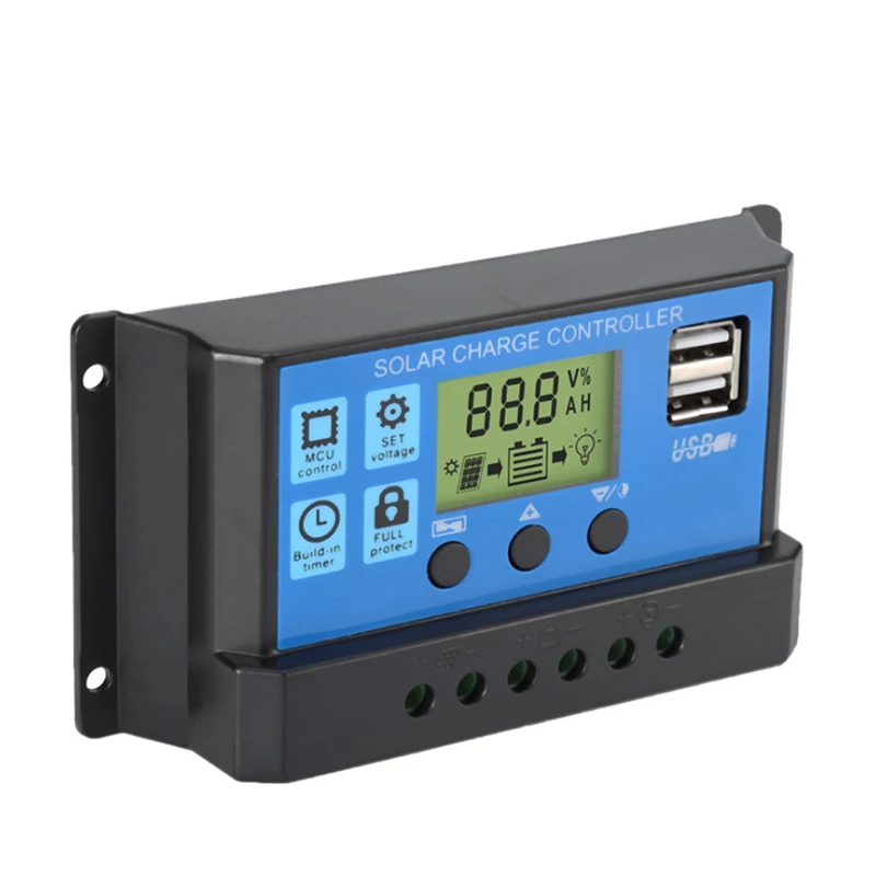 Controlador de carga solar automático, 60A/50A/40A/30A/20A/10A, 12V, 24V, controladores PWM, LCD, USB dual, 5V, salida de regulador de panel solar, PV