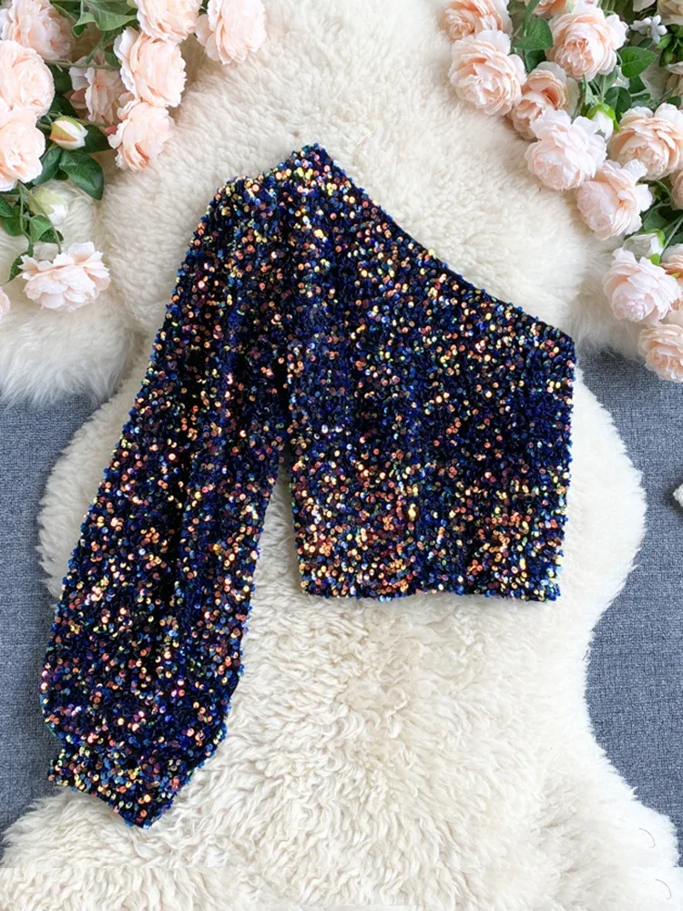 Herbst 2022, neues Produkt, T-Shirt mit schrägem Kragen, trägerlos, einseitig, Puffärmel, schmale Passform, kurzes Pailletten-Top HK102