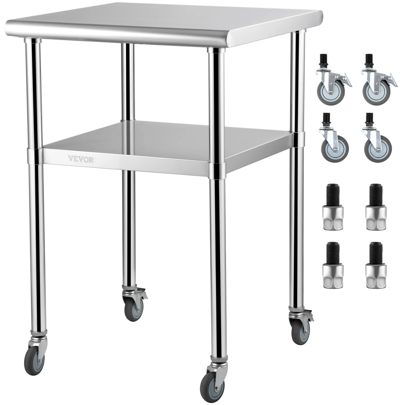 VEVOR 24 x 24 in Stainless Steel Kitchen Worktable shelves Commercial Work Bench Table with Caster Wheels for Home Kitchen