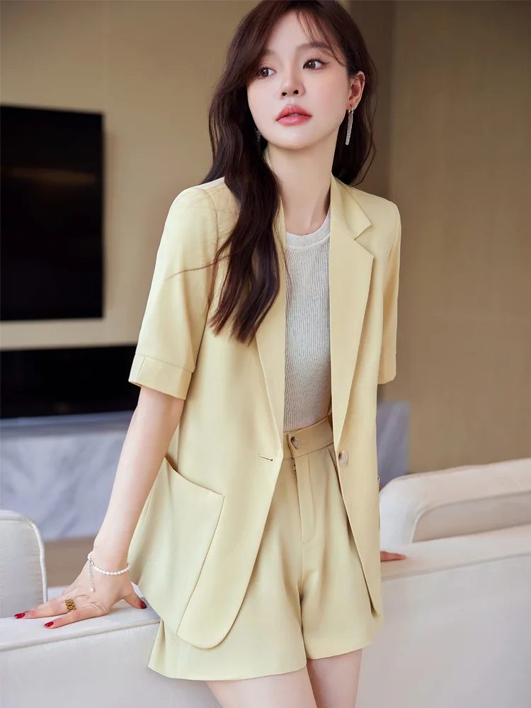 

Yellow Short Sleeve Suit Jacket Women's Summer Thin2024New Small High-Grade Shorts Casual Two-Piece Suit