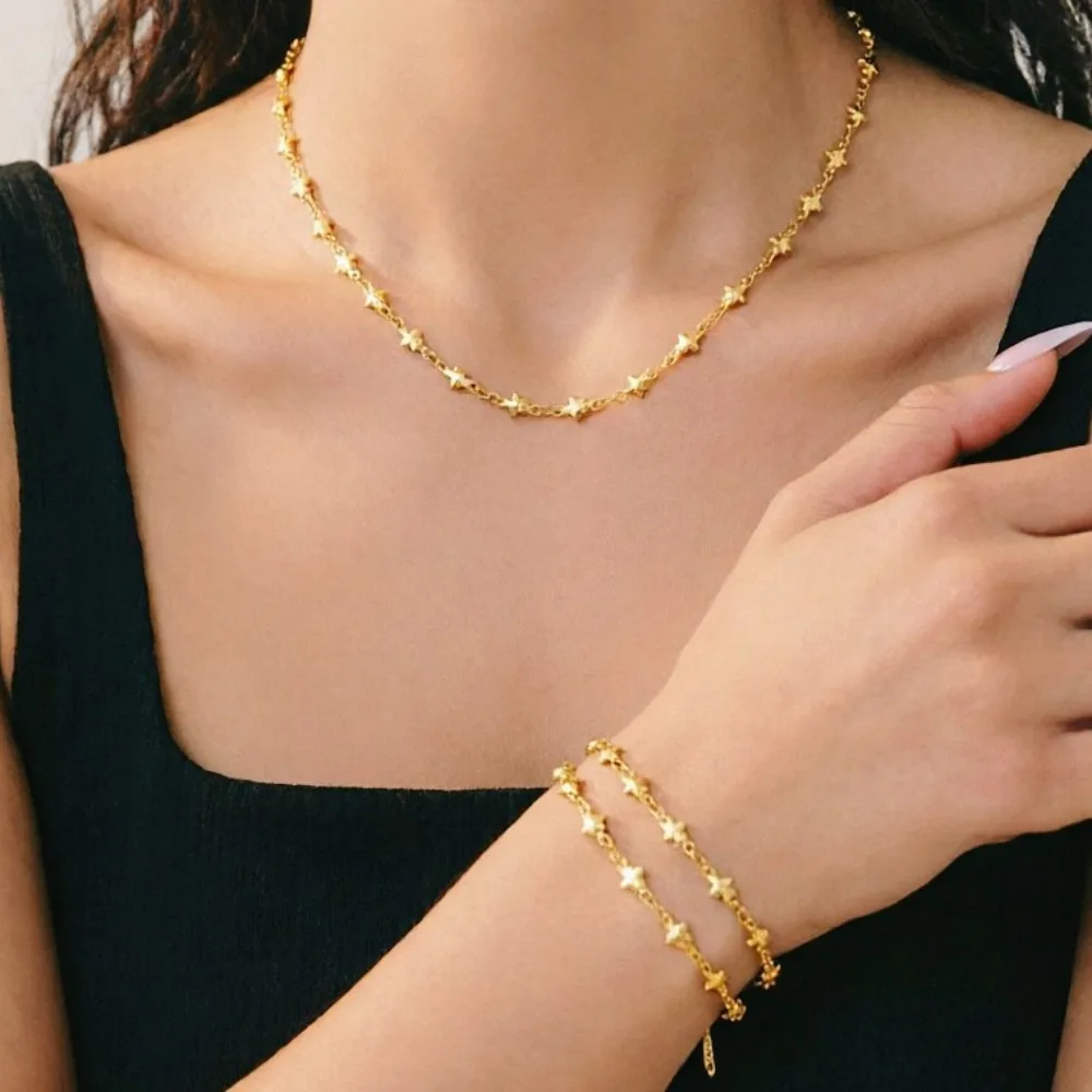 Luxury Fashion Gold Color Stainless Steel Star Link Necklace Bracelet Set for Women Exquisite Minimalism Non-fading Jewelry Sets