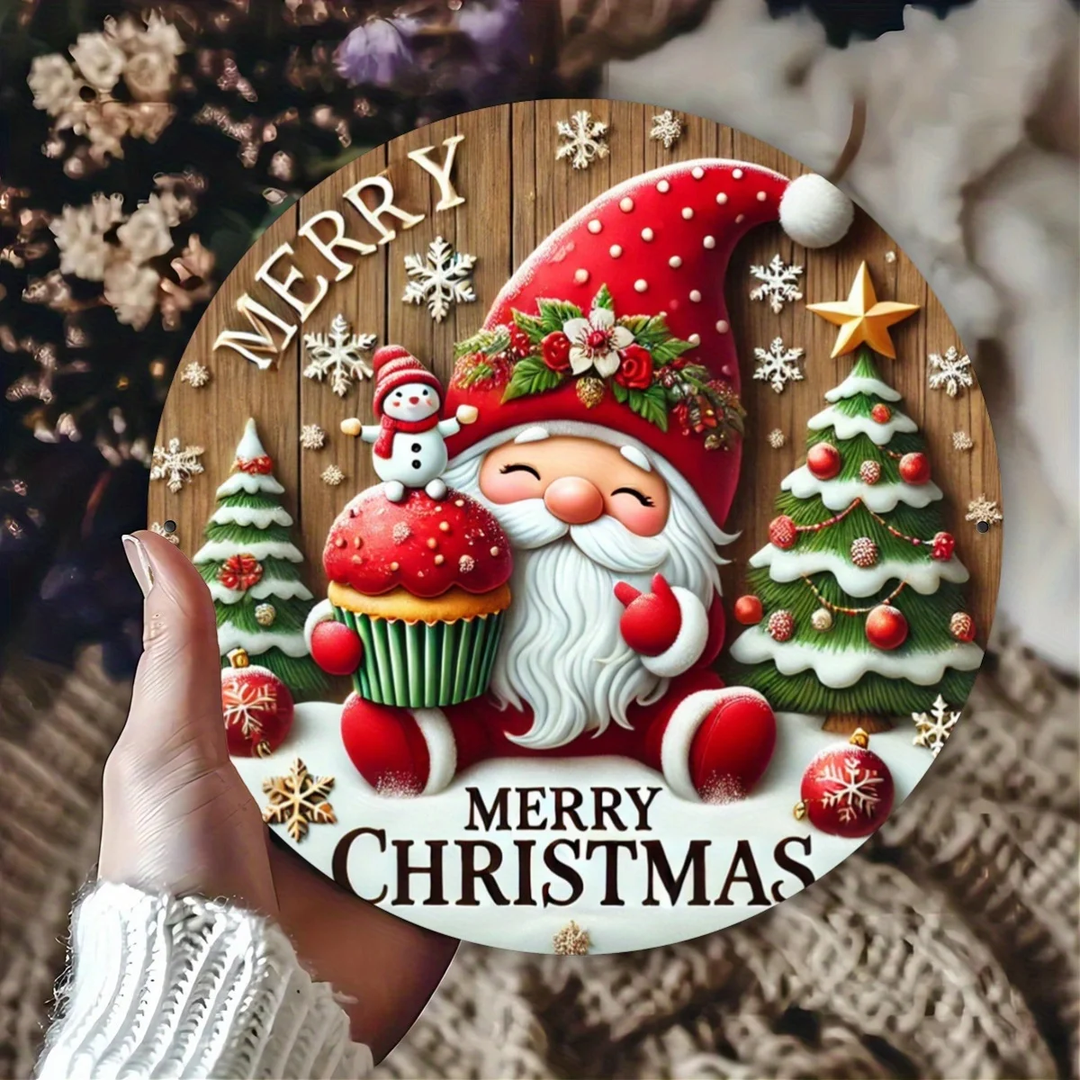 Rundes Eisenschild „Merry Christmas“, 20,3 cm – festlicher Zwerg, immergrüne Bäume und Schneemann-Design für Bauernhaus-Dekoration, Küche, Garten, P