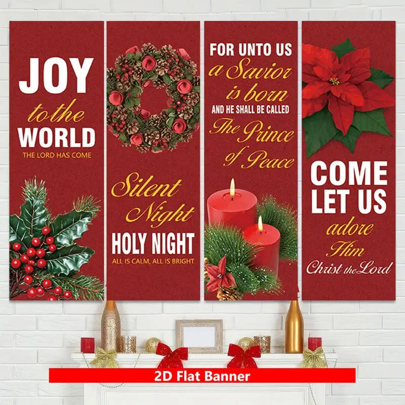 VIKAMA Christmas Wall Banner for Holiday Decor, 4 Pc Holly Wreath Candle Pine Poinsettia, Festive Wall Hanging for Room