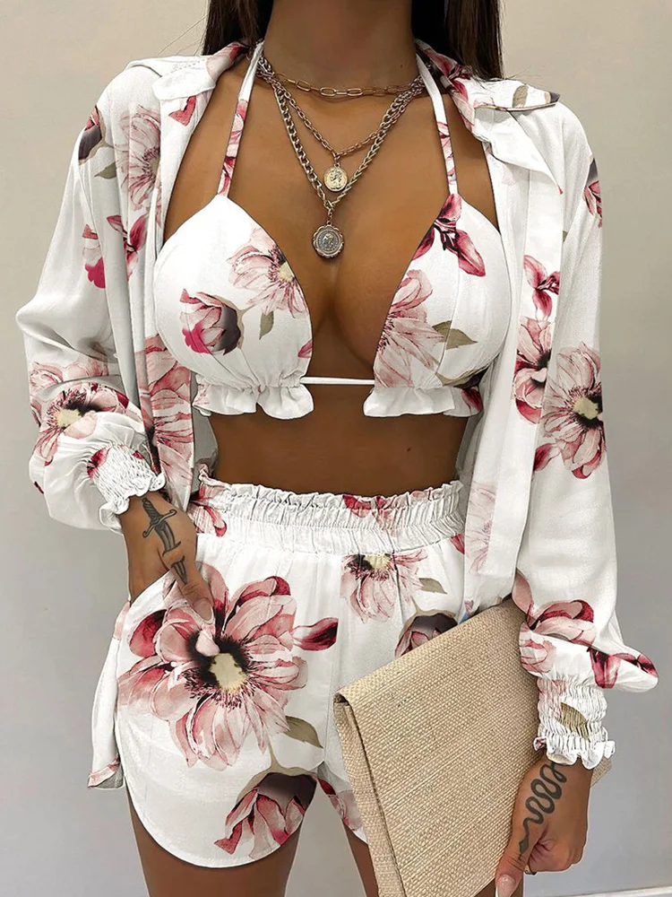 

2024 New Bathing Suit Shorts Cover Up Summer Three Pieces Swimwear Sexy Beachwear High Waist Bikini Set Print Women's Swimsuit