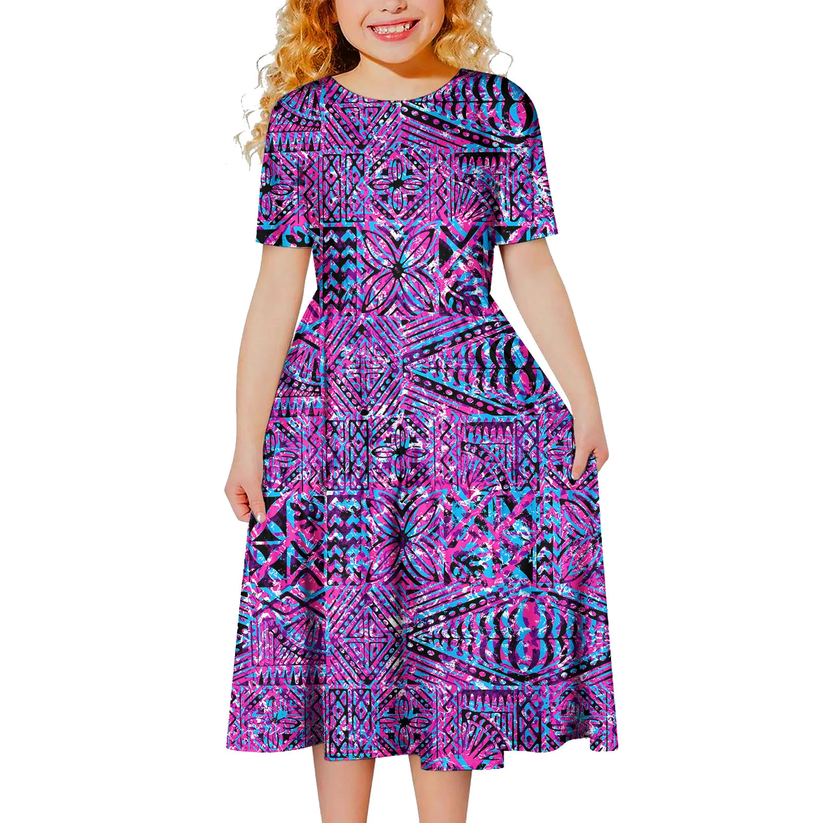 Ethnic Style Clothing Custom Samoan Outdoor Children Wear Aloha Cute Kids Cocktail Skirts Tribal Design Girls Dresses Polynesian
