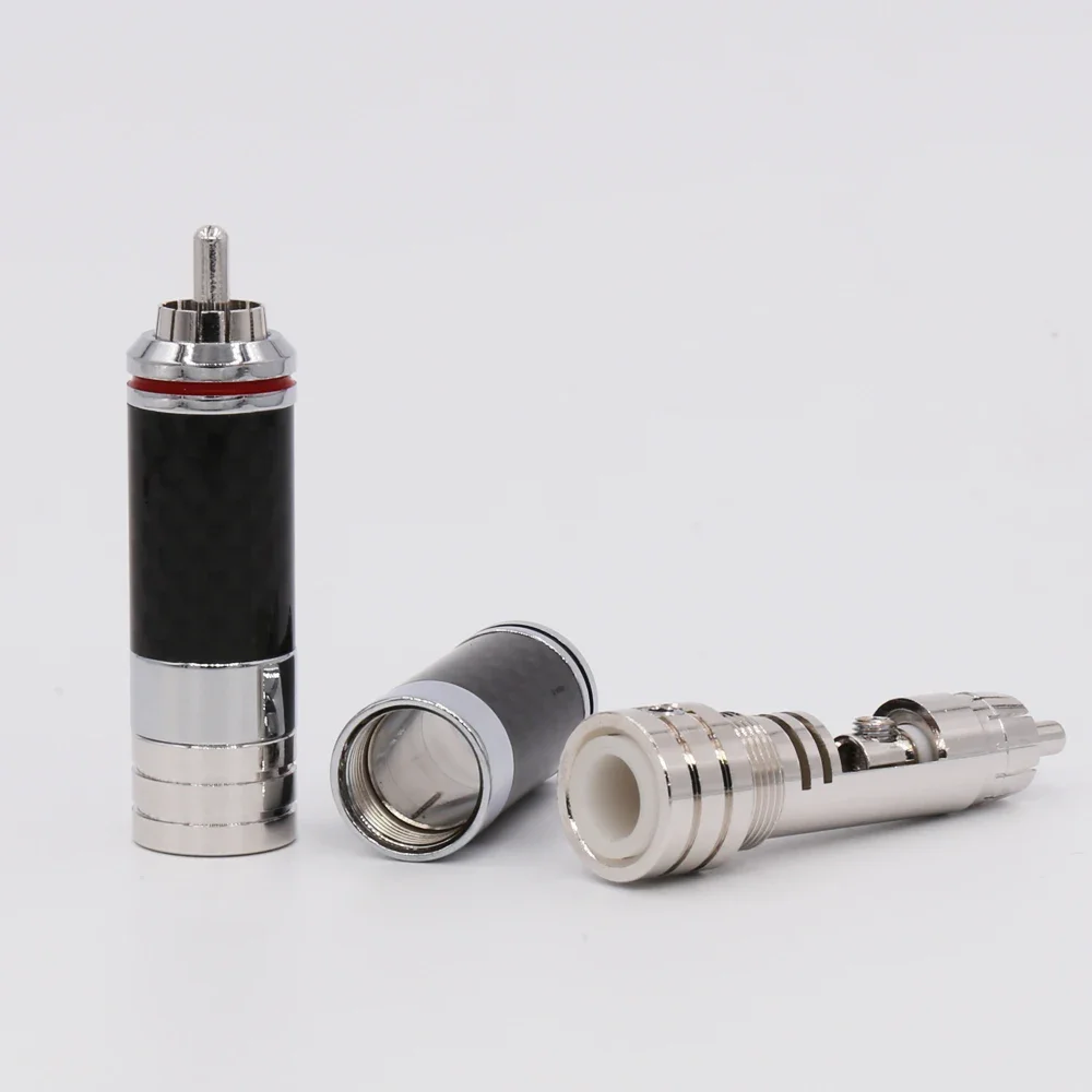 Fiche de connecteur RCA en fibre de carbone plaquée cuivre rhodium, sans soudure, 4 pièces