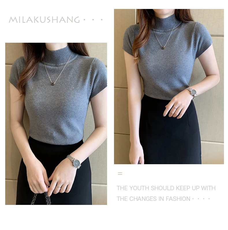 Halbhohes T-Shirt für Damen, modischer Pullover, lässige Oberteile, koreanischer Stil, elegante einfarbige Kleidung, Frühlings- und Sommersaison – Detail 21