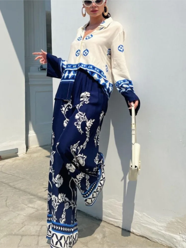 2024 Spring New Printed Pants Sets Women Fashion Casual Loose Long Sleeve Shirts Wide Leg Trousers Two Piece Set Female Clothing