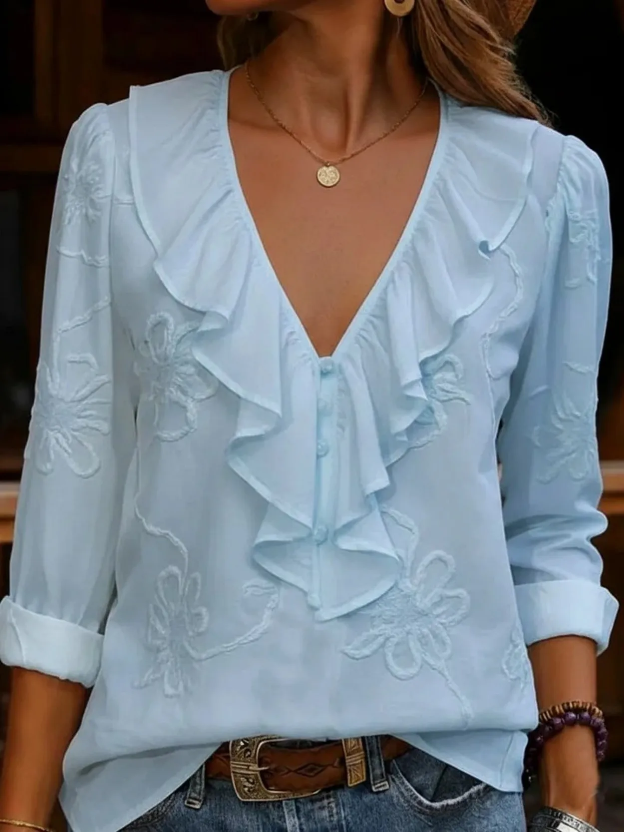 2026 V Neck Ruffle Front Blouse Floral Embroidery Long Roll Up Sleeve Button Down Semi Sheer Elegant Casual Shirt