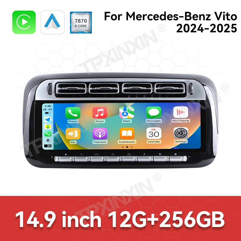 14.9 بوصة أندرويد 15 Carplay لمرسيدس بنز فيتو 2024 2025 راديو السيارة السيارات مشغل وسائط متعددة نظام تحديد المواقع والملاحة رئيس وحدة