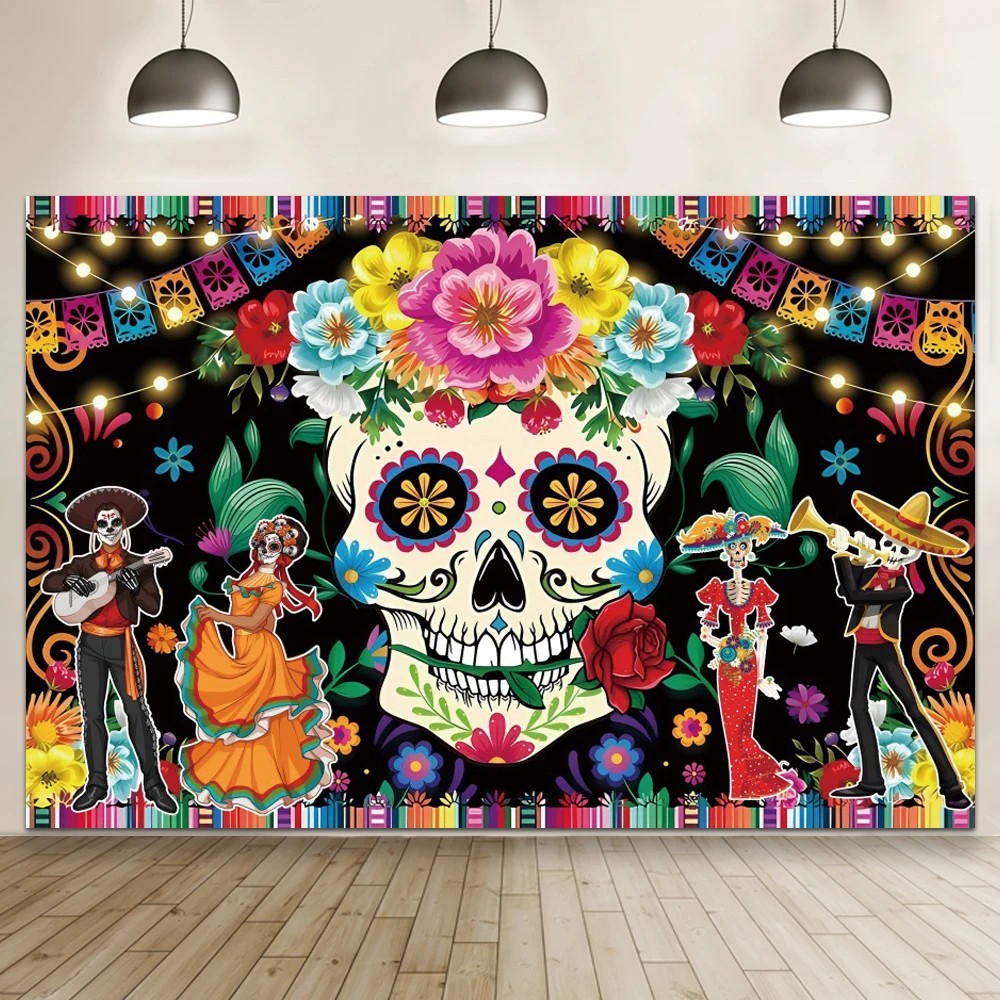 Mexican Day of the Dead Background Dancing with the Undead Carnival Colorful Flower Skull Photography Backdrop Home Decor Banner