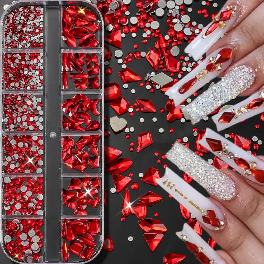 12Grids 3D Red Valentine's Day Nail Art Rhinestones Random Shape Glass Diamond Nails Decorations Mixed Gems Manicure Accessories