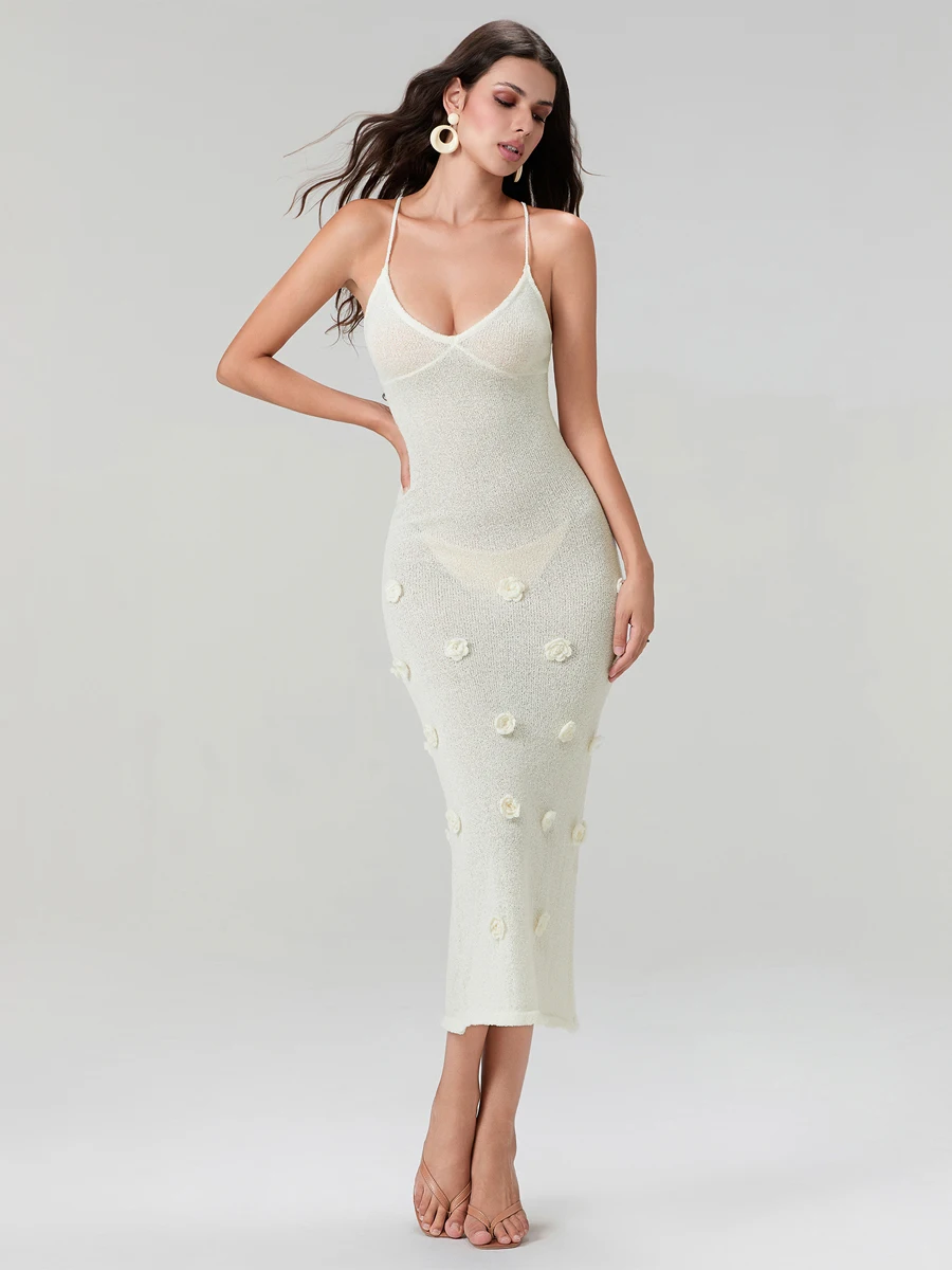 여성용 긴 니트 캐미 원피스 민소매 오픈 백, V넥 백 크로스 타이 업, 3D 꽃 장식 드레스, 스트리트웨어