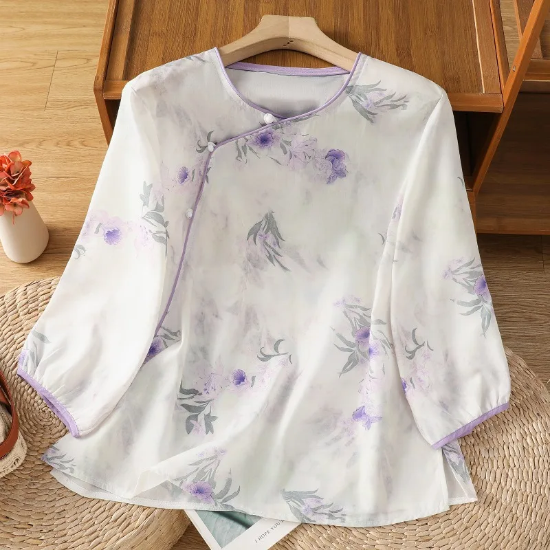 

Chinese Style Women's Blouses Printed Vintage Shirts Fashion Loose Summer Clothing Short Sleeved Cotton Linen Women Tops