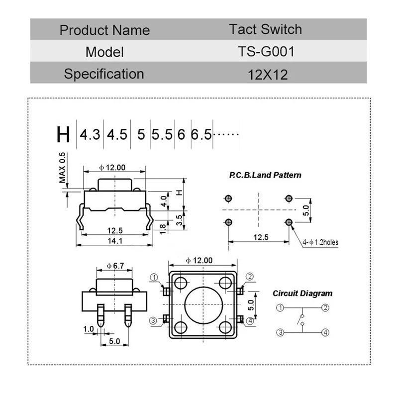 Mini Botão Micro Interruptor, Interruptor Tátil Tátil, 12x12, 12x12x4.3mm, 5mm, 6mm, 7mm, 8mm, 9mm, 10mm, 12mm, 11mm, 5