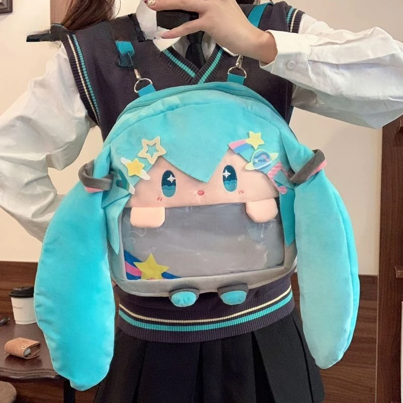 Hatsune Miku Plüsch-Rucksack, niedlicher Cartoon-Rucksack mit großem Fassungsvermögen, süßem Aufdruck, für Studenten, mit großem Mund, Umhängetasche, Geschenk