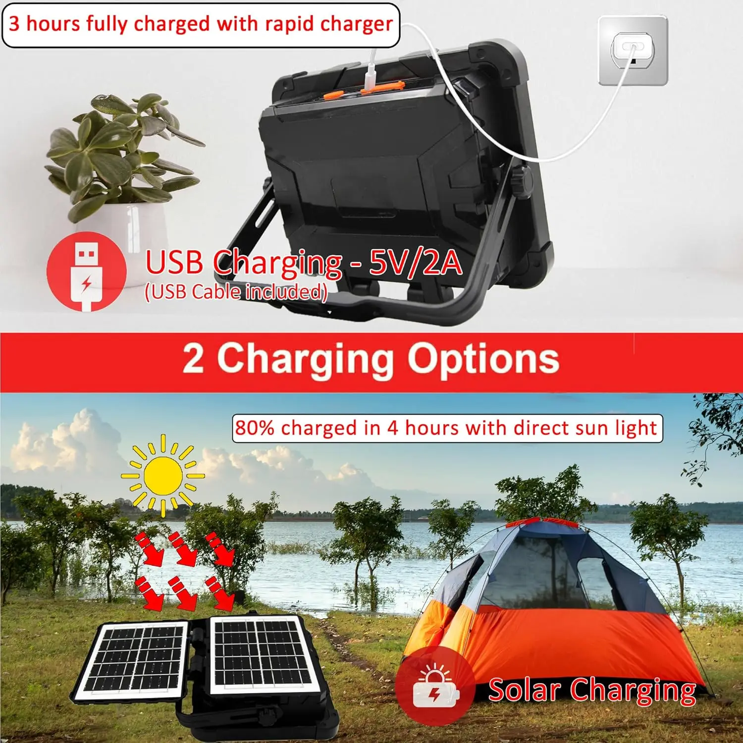 150W Portable Solar LED Work Light, 5 Modes, 10000LM, IP66 Waterproof