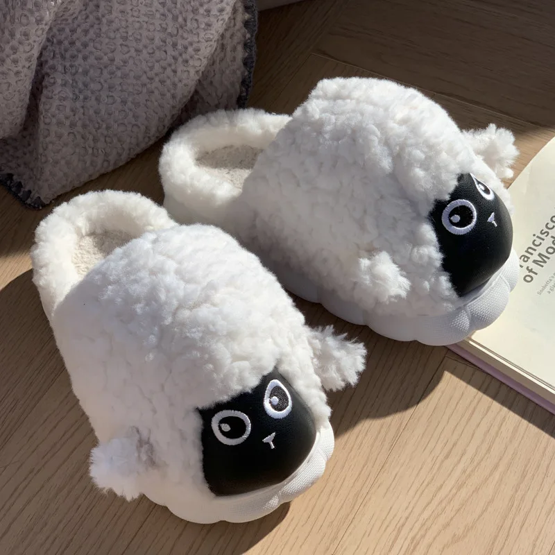 Cute Sheep Cartoon Cotton Slippers Cute Women EVA Thick Sole Home Slippers Winter Indoor Floor Anti Slip Slippers