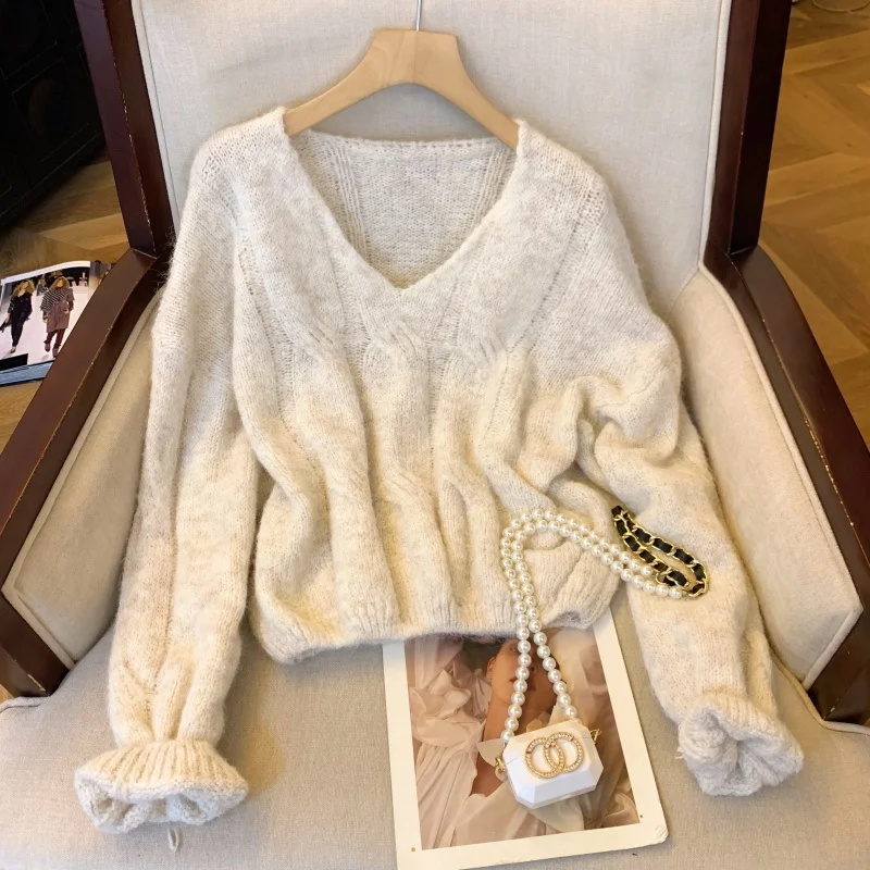 

Olive een Casual Versatile Loose Slimming V-ne Knitted Sweater Women's Autumn Winter Simple Sle Elegance Outerwear Knit...