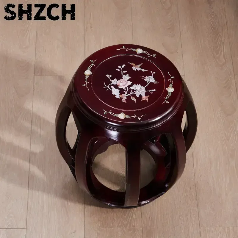 Antique Rosewood Drum Stool, Chinese Traditional Round Seat for Living Room & Guzheng, Solid Wood Low Stool for Balcony