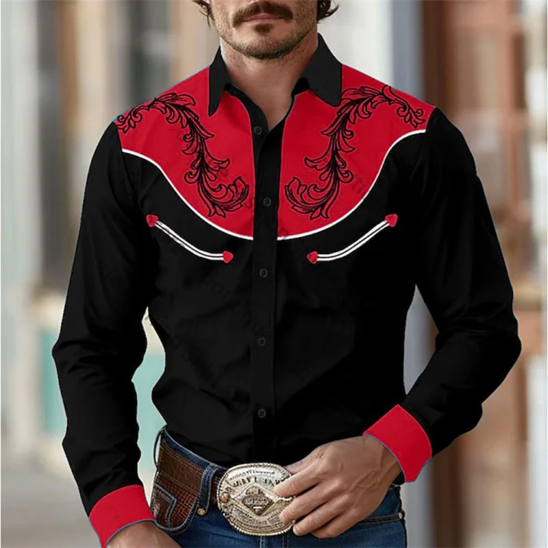 2024 Floral Retro Western Men\'s Shirt Outdoor Street Casual Daily Spring Summer Lapel Long Sleeve Black S-5XL Stretch Fabric