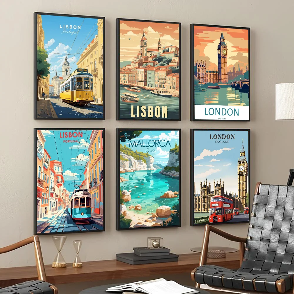 Retro Holiday Travel City Lisbon London Tourism Poster Self-adhesive Art Waterproof Paper Sticker Wall Decor