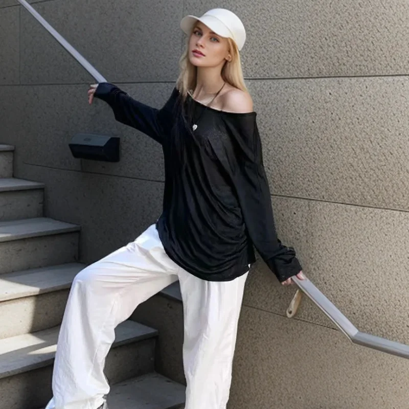 Sexy Sheer Baggy T-shirt for Women 2024 Summer Casual Fashion Loose Pullovers Chic Lazy Solid Color Off Shoulder Top Streetwear