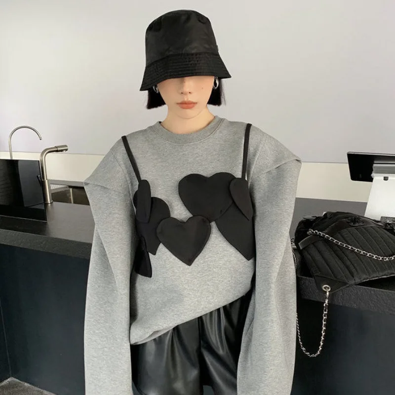 M-4XL Sweatshirts for Women Heart Patchwork O-neck Design Loose Soft Korean Style Fashion Daily Chic All-match Spring Sudaderas