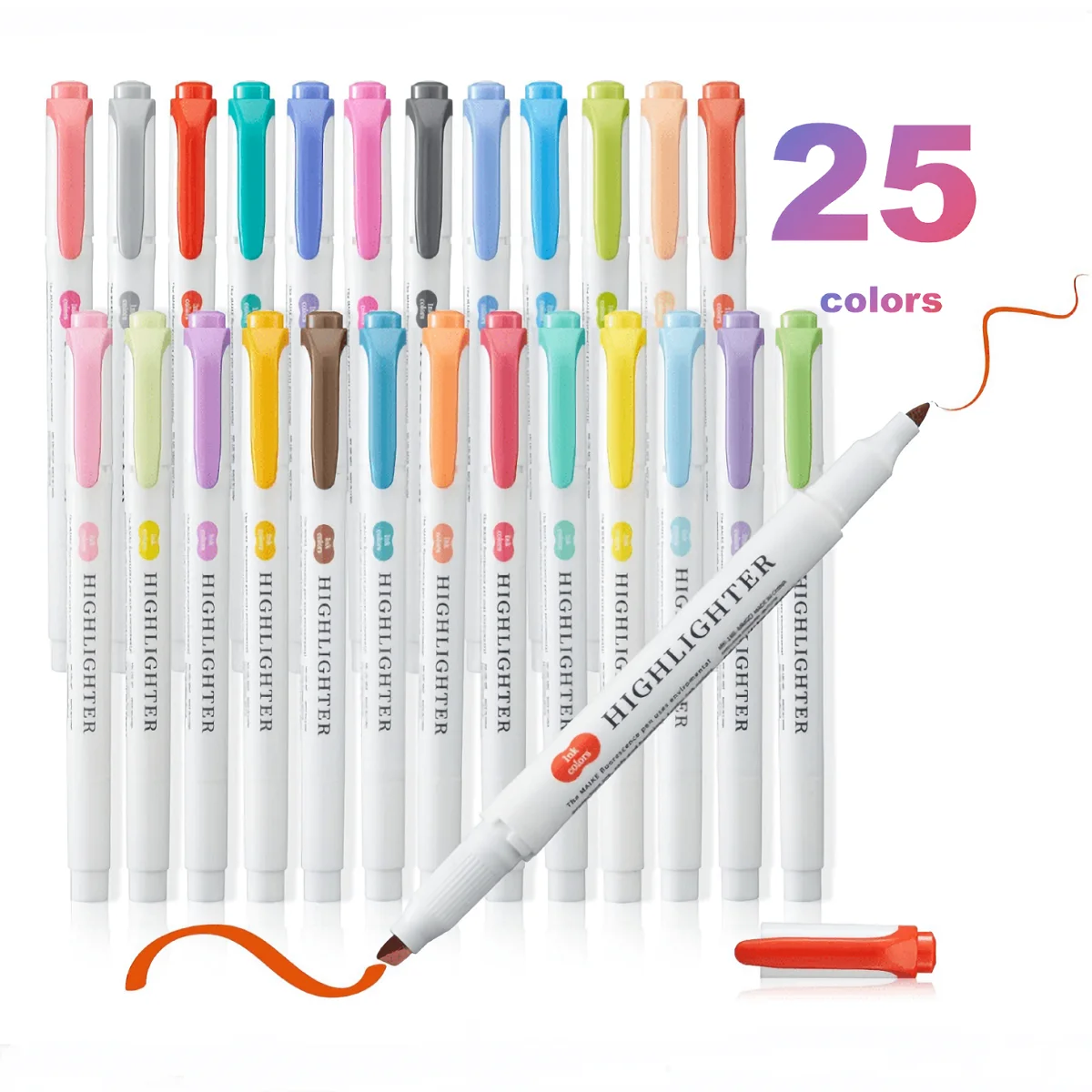 25-Pack Dual-Tip Highlighter Pens - Fine & Chisel Tips, Vibrant Random Colors, Perfect for Art, Writing, and School Supplies