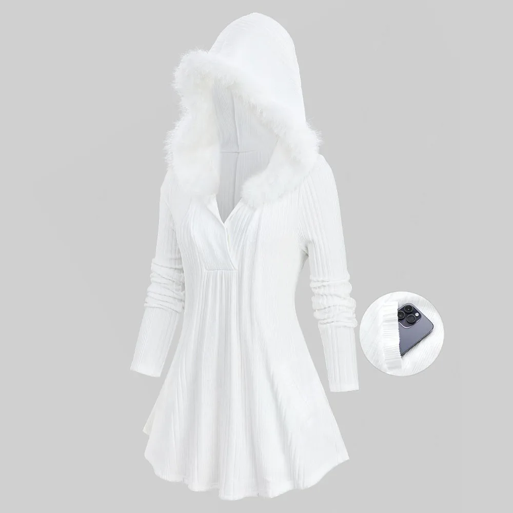 ROSEGAL Plus Size Hooded Tops Women Spring Autumn White Casual Surplice Ribbed Textured Fleece Trim Pullover Shirt