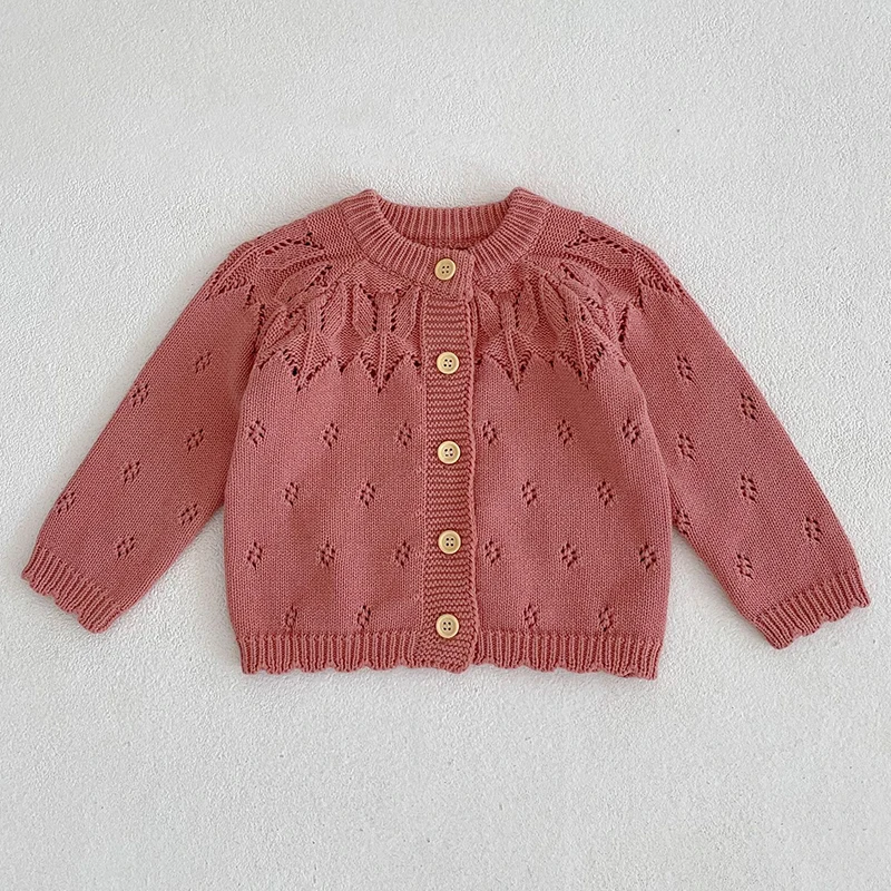 New Infant Baby Girls Knitting Cardigan Long Sleeve Solid Color Hollow Out Autumn Spring Newborn Baby Girls Sweater Coat